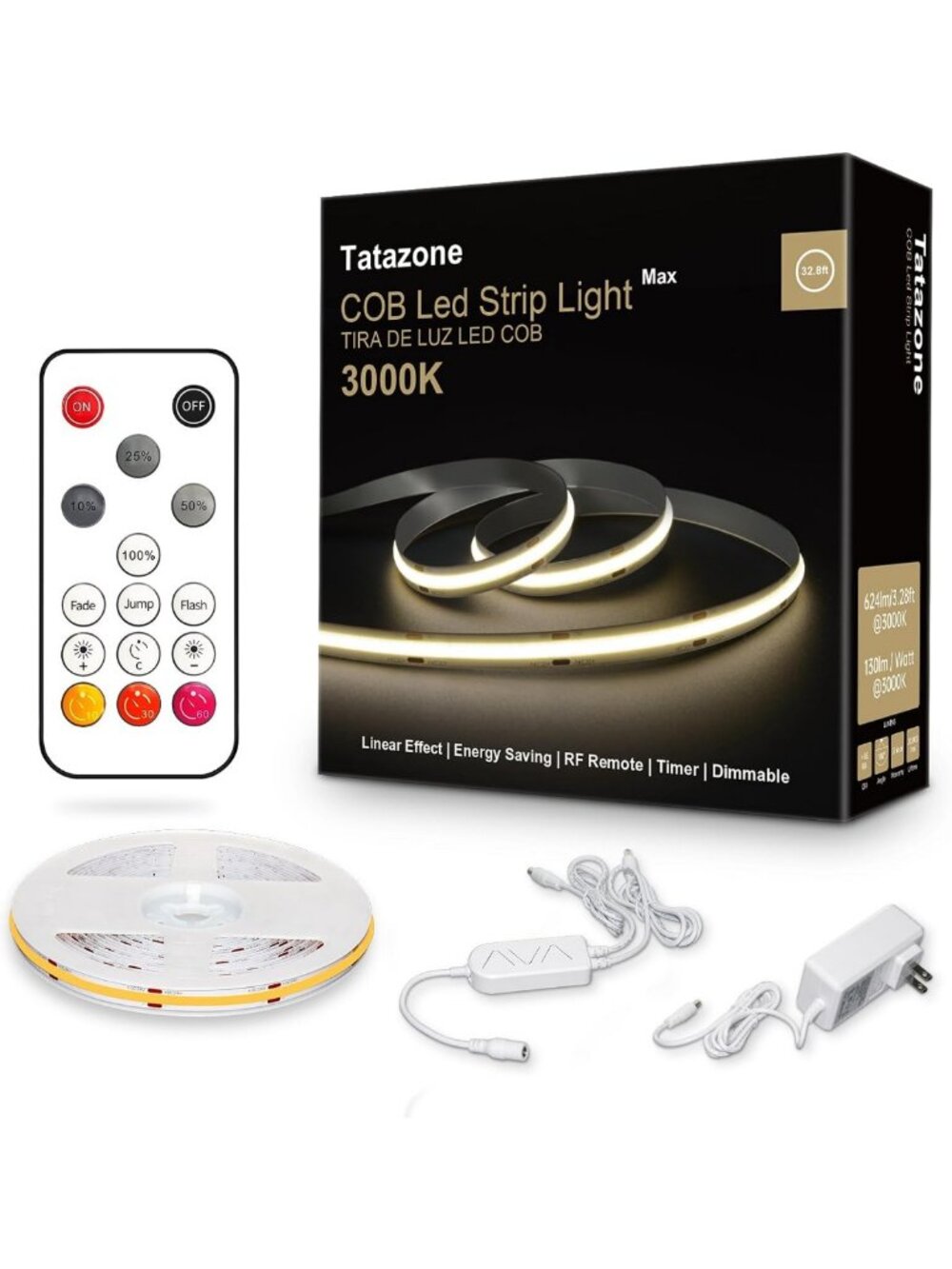 32.8ft White COB LED Strip Lights with RF Remote - Dimmable, Flexible, Easy